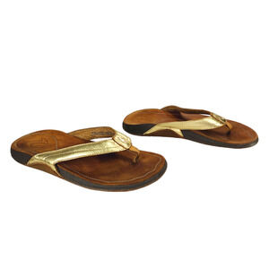 OluKai Womens Flip Flop Sandal sz 5 35 Kumu Gold‎ Brown Leather Rubber Hawaiian